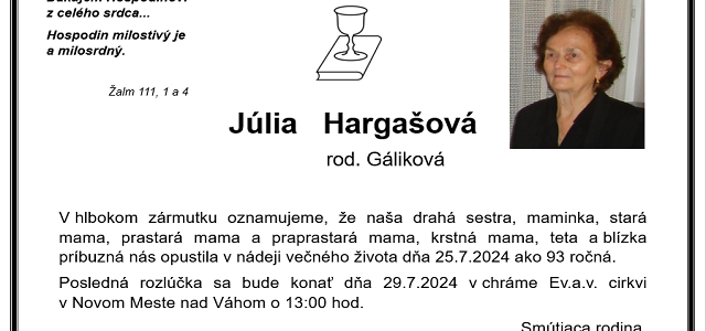 Zomrela Júlia Hargašová